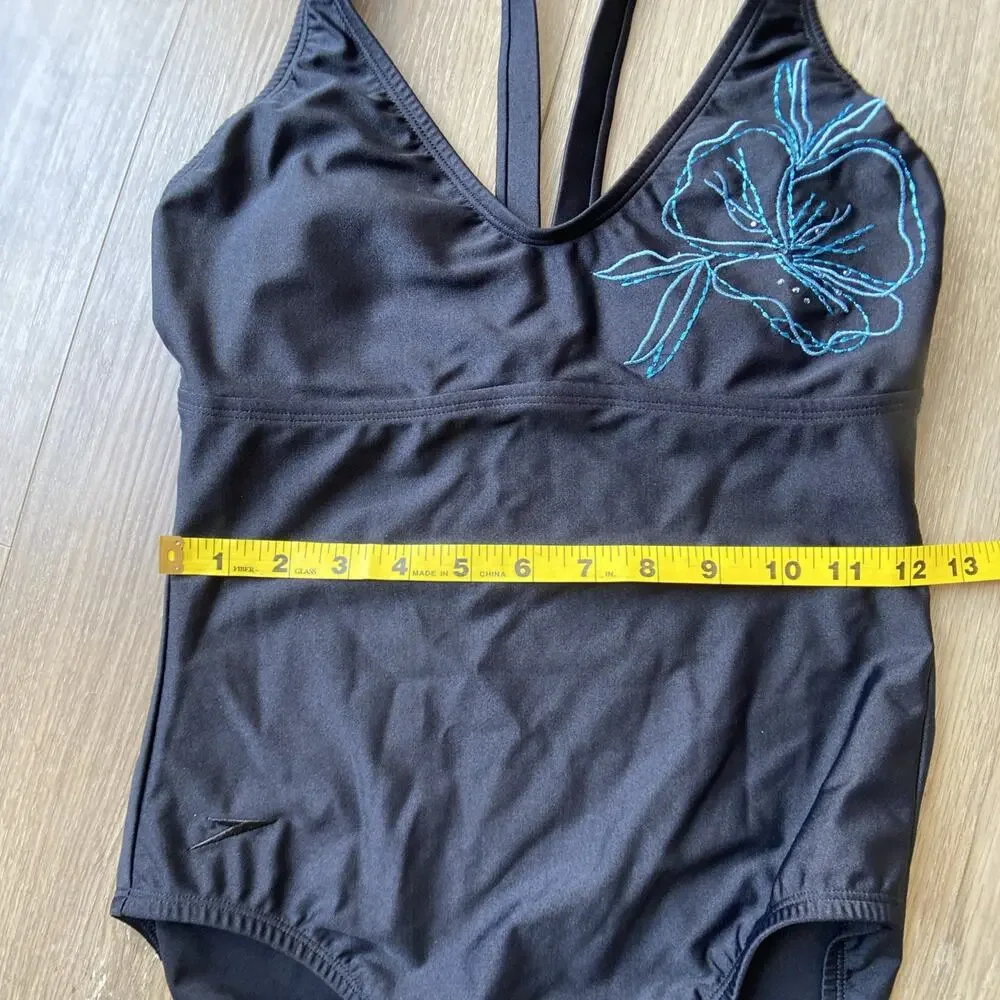 Speedo One Piece Swimsuit Women Sz 8 Black Embroidered Flower Padded Lined